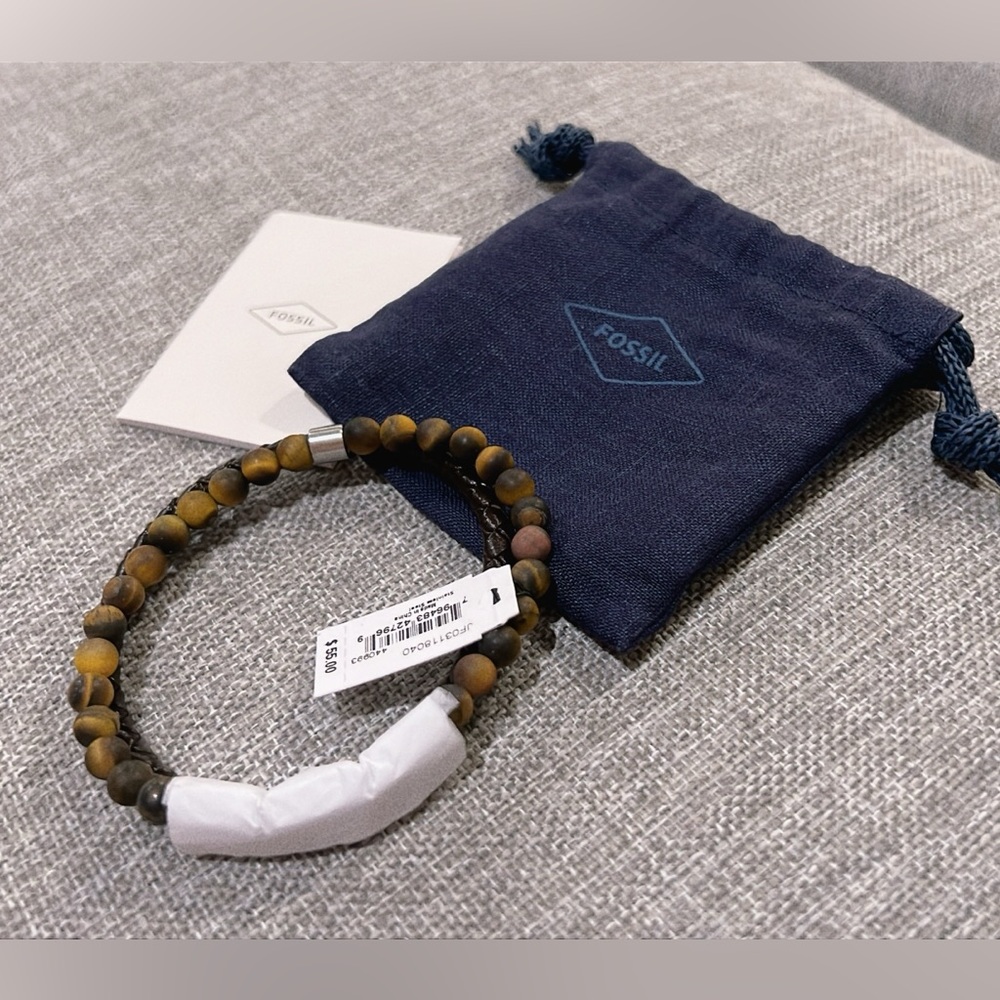 Fossil Men's Tiger's Eye and Brown Leather Link Bracelet - Picture 7 of 8